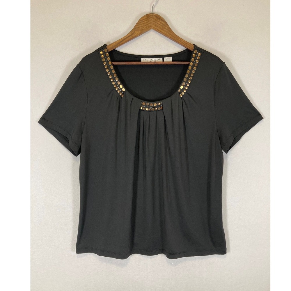 Officecore Sag Harbor Women 1X Black Studded Pleated Scoop Neck Stretch‎ Top